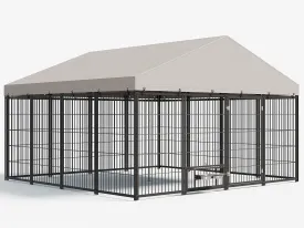 10X10FT Large Dog Kennel Outside with Feeding, Heavy Duty Outdoor Dog Run Cage with Cover & Lock, Outdoor Pet Enclosure Fence for Yard with Roof