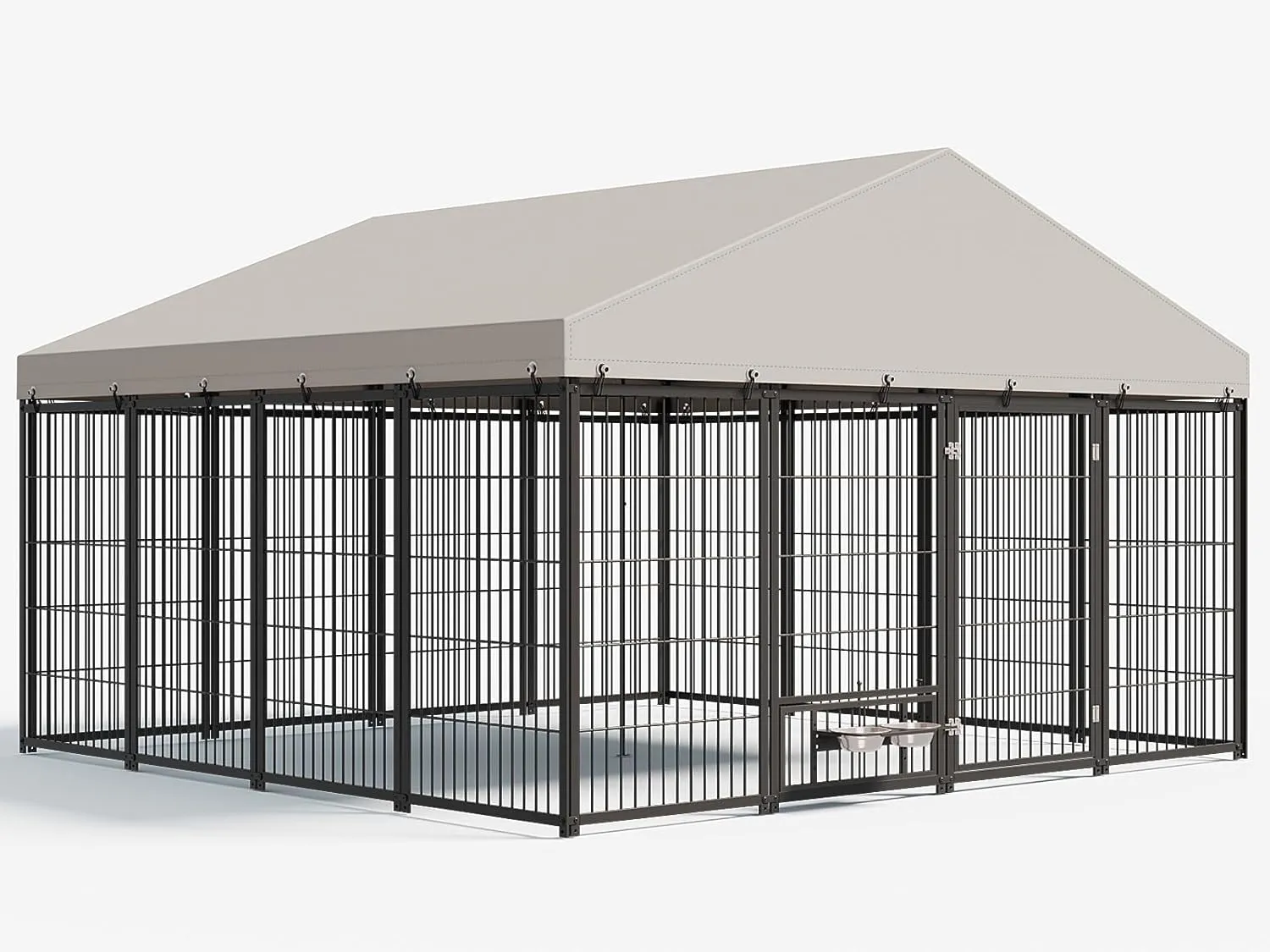 10X10FT Large Dog Kennel Outside with Feeding, Heavy Duty Outdoor Dog Run Cage with Cover & Lock, Outdoor Pet Enclosure Fence for Yard with Roof