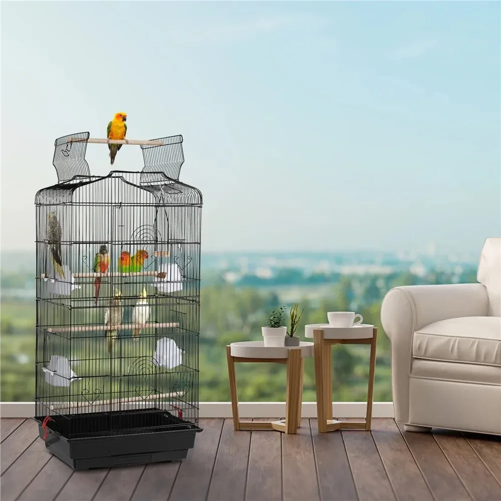 41''H Open Top Metal Birdcage with Slide-Out Tray and Feeders, Black