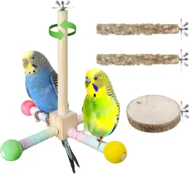 8PCS Bird Stand Perch Toy, Parrot 360 Interactive Rotating Toy, Wooden Bird Cage Accessories Exercise Wheel Parrot Toys, Suitable for Parakeets Cockatiels Lovebirds Conures Finches