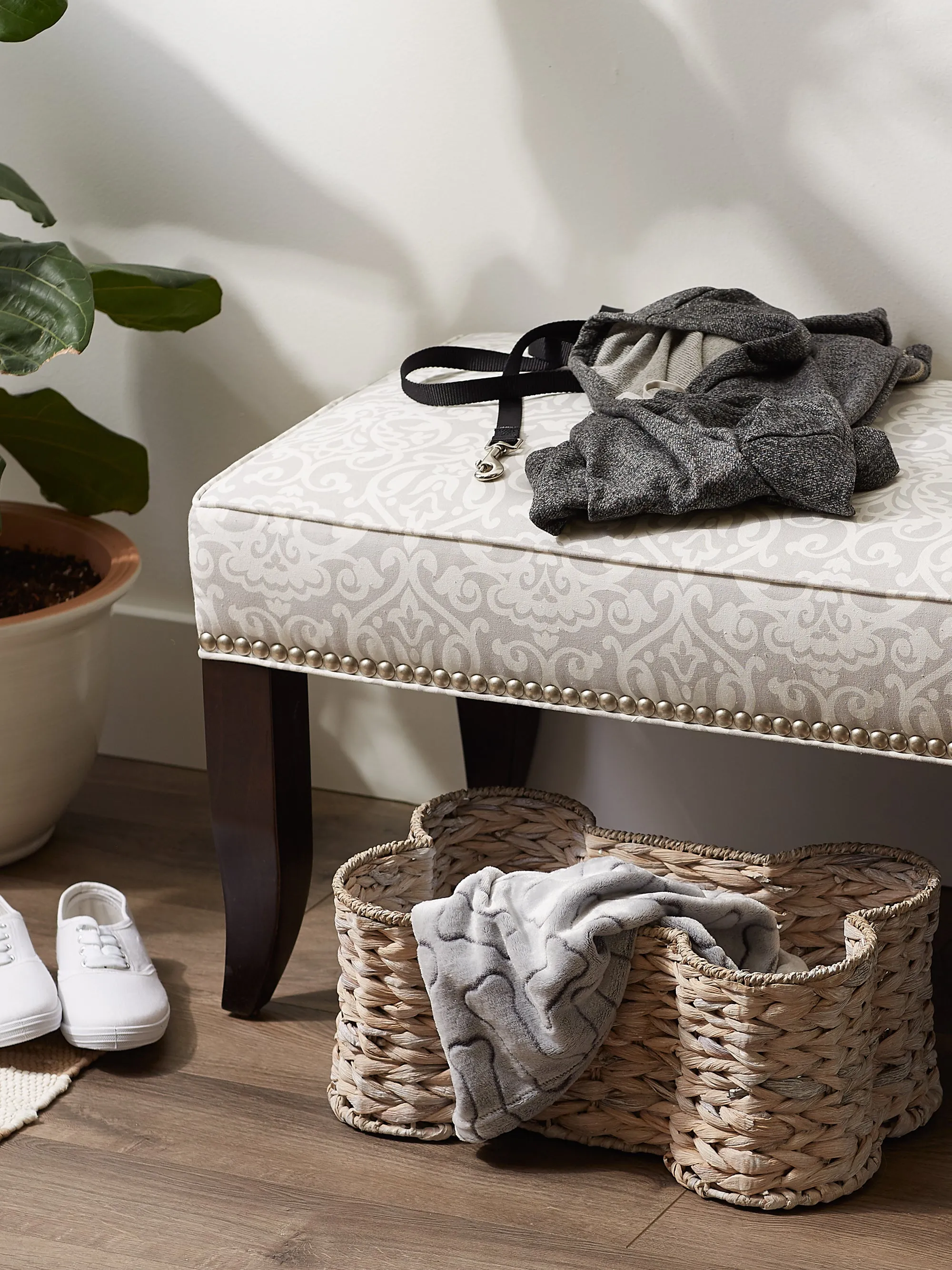 Bone Dry Hyacinth Pet Storage Basket, Bone Shaped, White Wash, Small - 17.75x11x7.5"