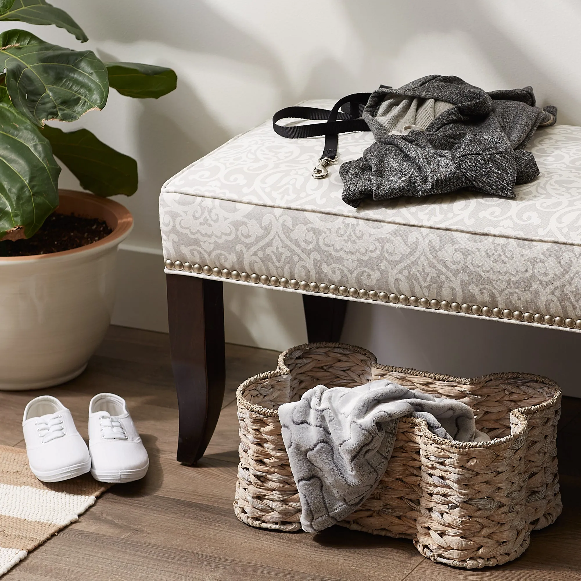 Bone Dry Hyacinth Pet Storage Basket, Bone Shaped, White Wash, Small - 17.75x11x7.5"