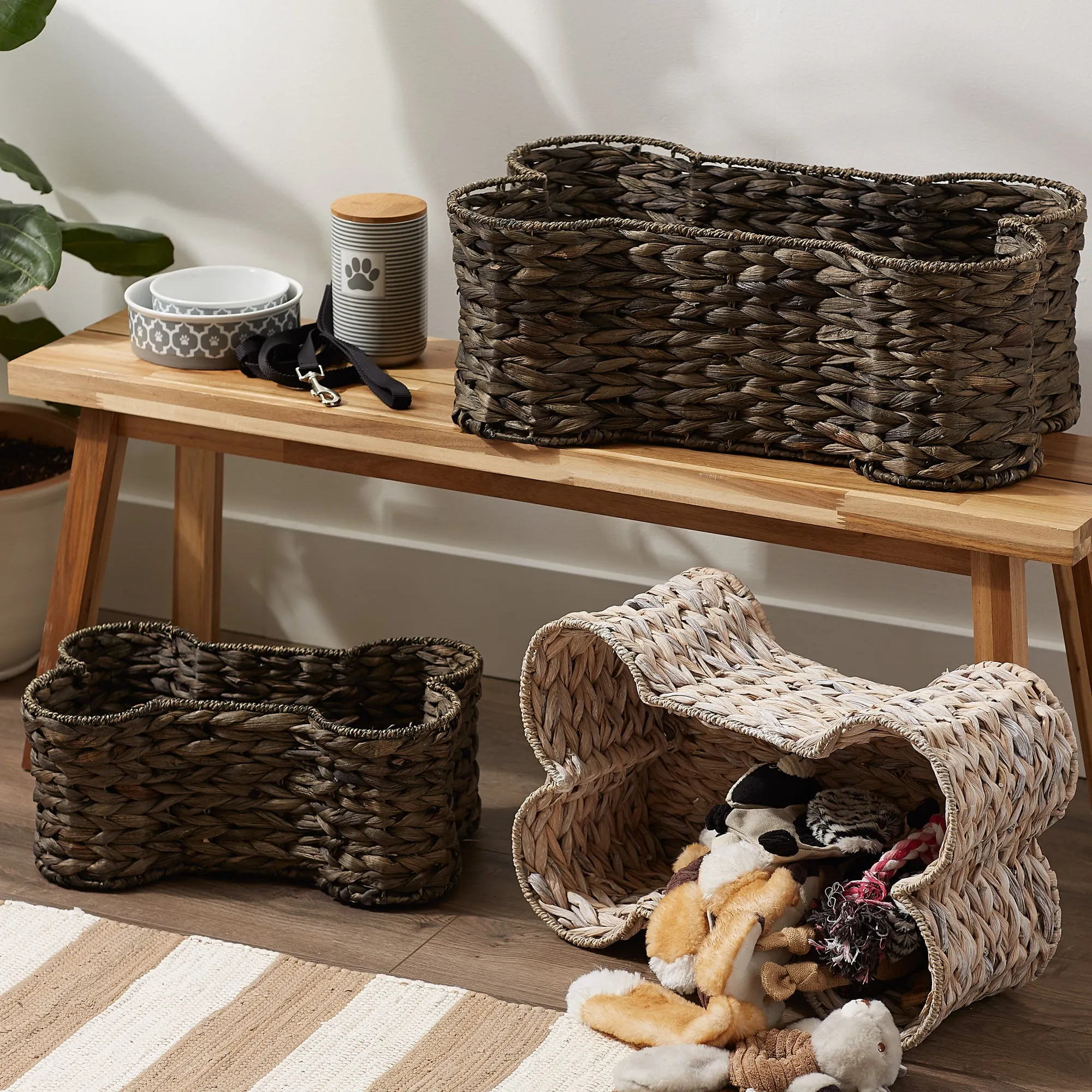 Bone Dry Hyacinth Pet Storage Basket, Bone Shaped, White Wash, Small - 17.75x11x7.5"