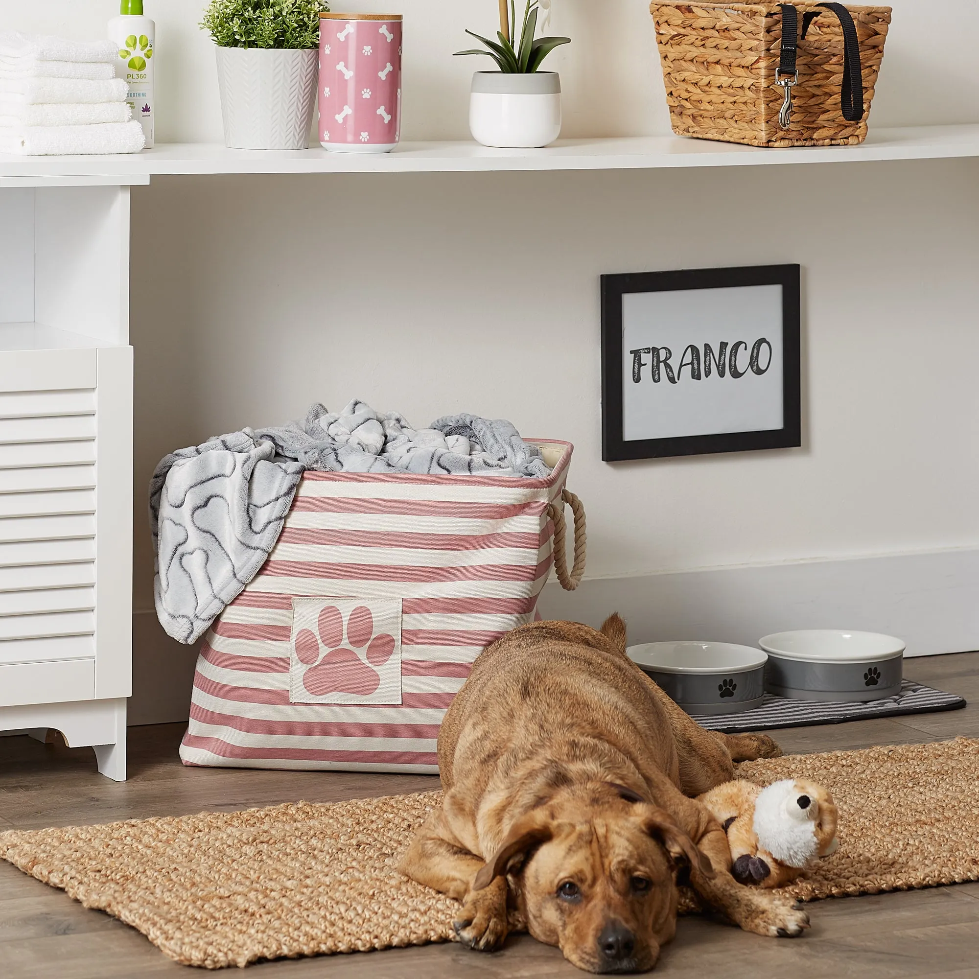 Bone Dry Pet Storage Bin, Striped Paw Patch, Rose, Large - 17.5x12x15"