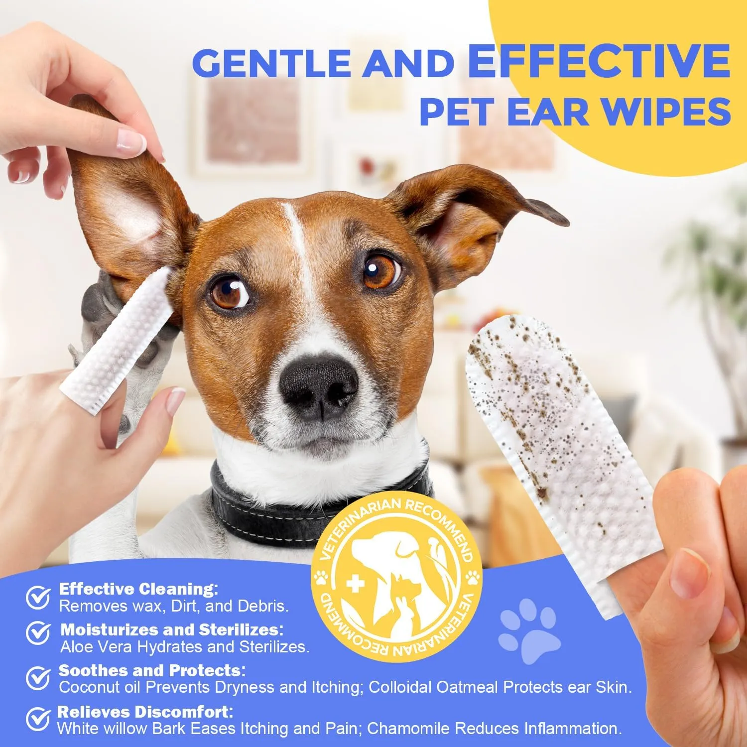 Ear Finger Wipes for Dogs & Cats - Cleaning Earwax & Debris - Relieves Ear Itching & Discomfort - Fresh Aloe Scent - Sooths & Repair, Natural Ingredients-50 Count