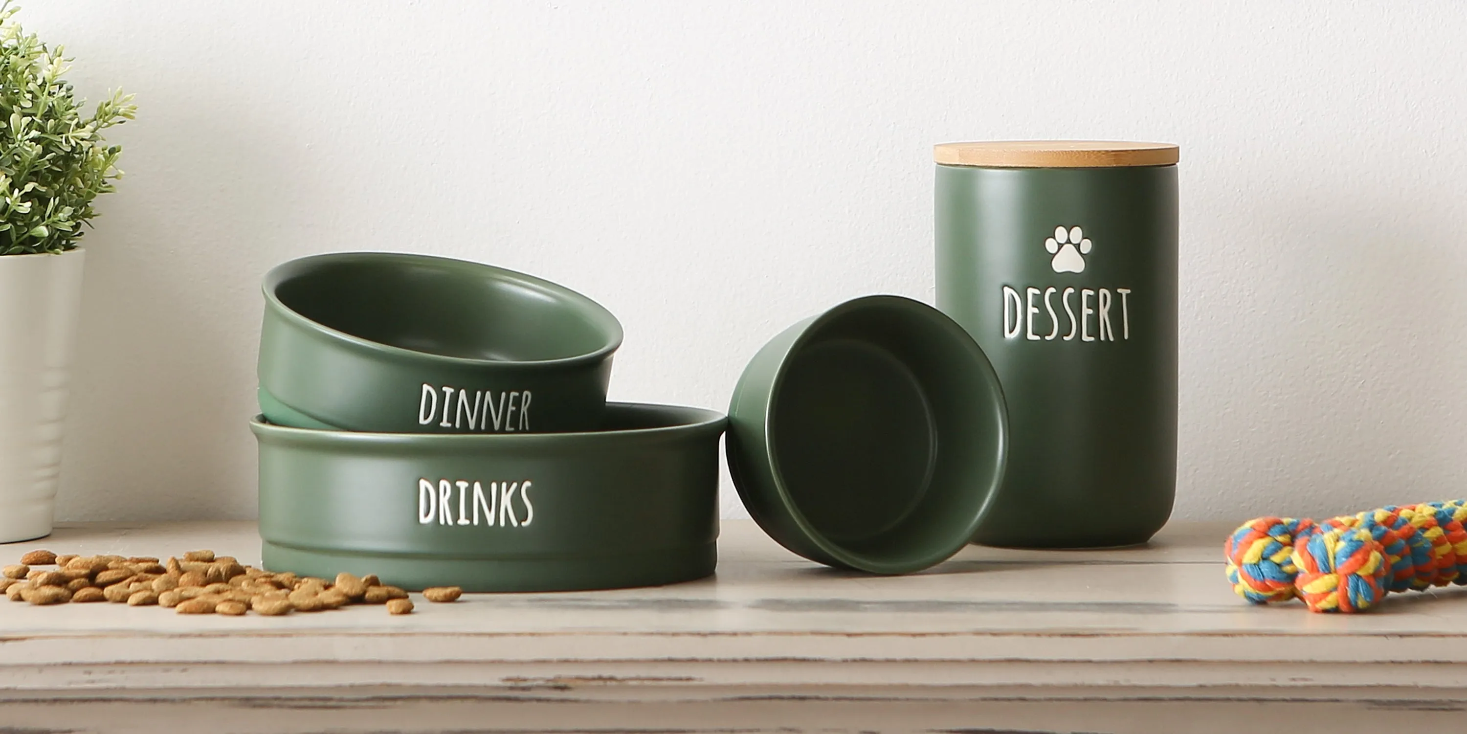 Hunter Green Dinner, Drinks & Dessert Pet Bowl Set/2, Medium - 1.5 C. Capacity