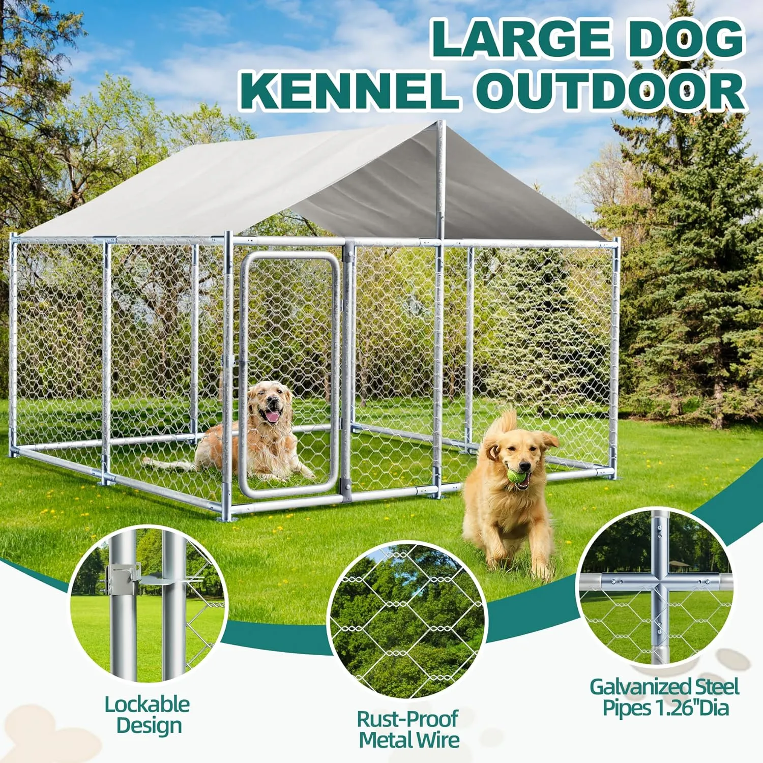 Large Dog Kennel Outdoor Heavy Duty Dog Cage with Roof UV and Water Resistant, Outside Dog Playpen Galvanized Steel Dog Fence with Safety Locks for Small Medium Large Dogs(7.5x7.5)