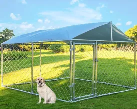 Large Dog Kennel Outdoor Heavy Duty Dog Cage with Roof UV and Water Resistant, Outside Dog Playpen Galvanized Steel Dog Fence with Safety Locks for Small Medium Large Dogs(7.5x7.5)