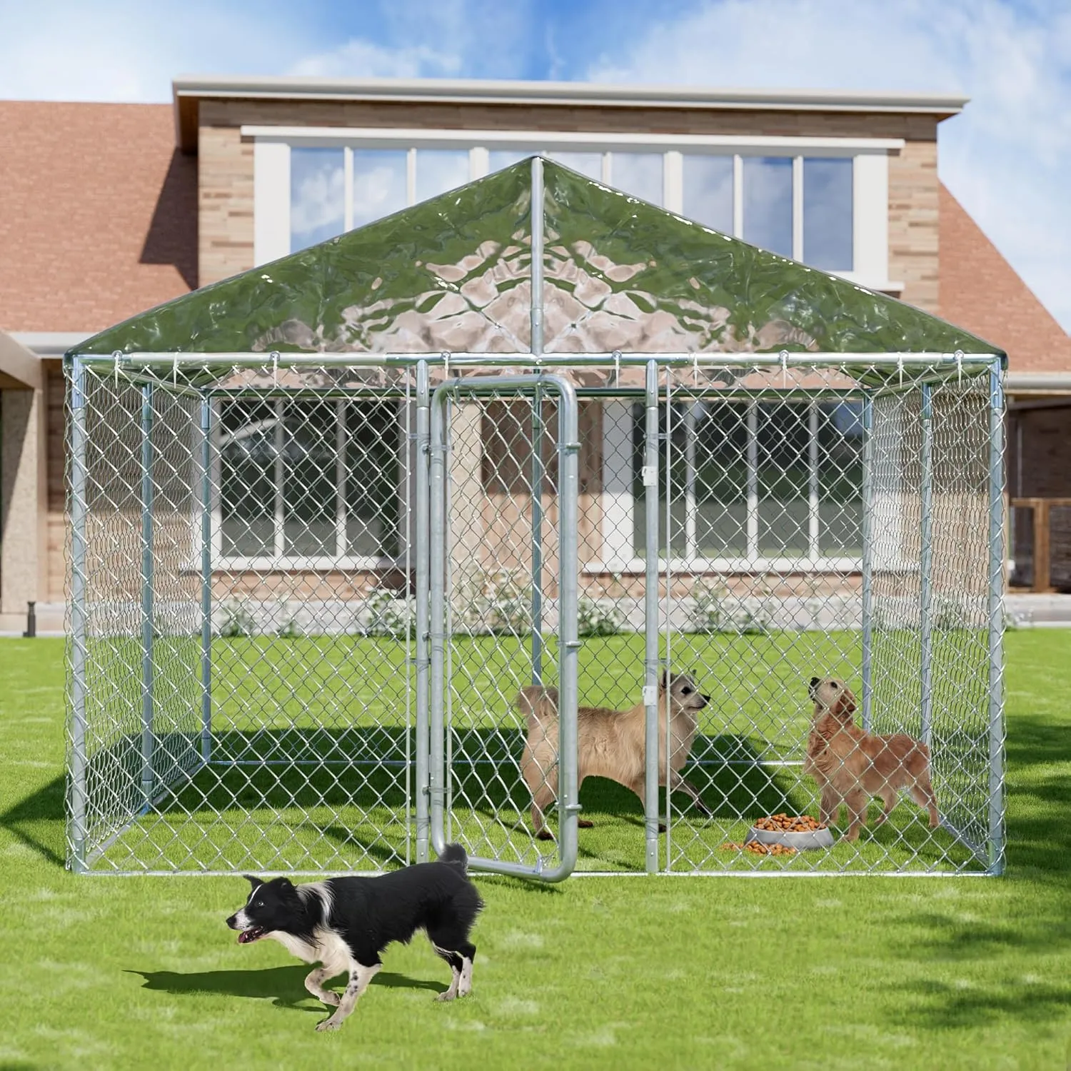 Large Outdoor Dog Kennel with Roof Heavy Duty Dog Kennel House, Galvanized Chain Link Dog Runs Pet Playpen with Waterproof UV-Resistant Cover and Secure Lock