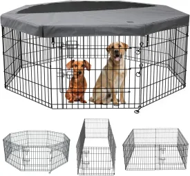 PETIME Foldable Metal Dog Exercise Pen/Pet Puppy Playpen Kennels Yard Fence Indoor/Outdoor 8 Panel 24" W x 36" H with Top Cover (with top Cover, 8 Panels 36" H)