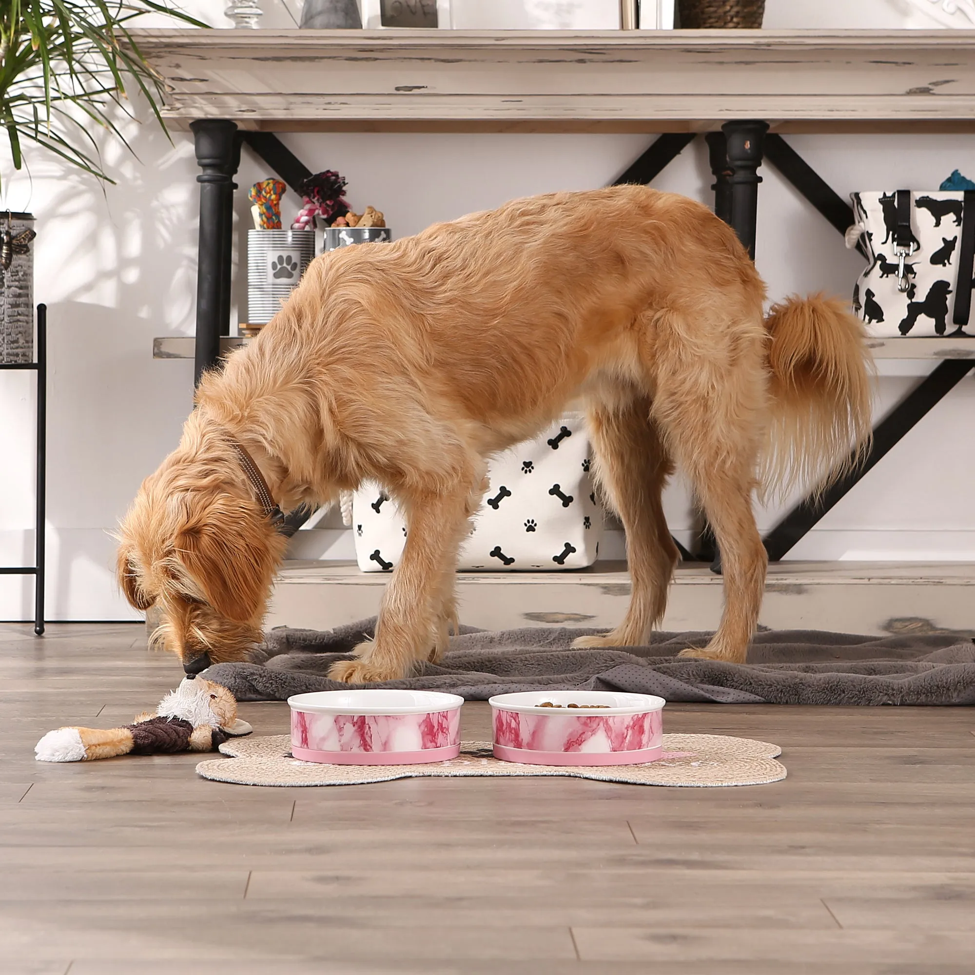 Pink Marble Pet Bowl Set/2, Large 3.75 C. Capacity