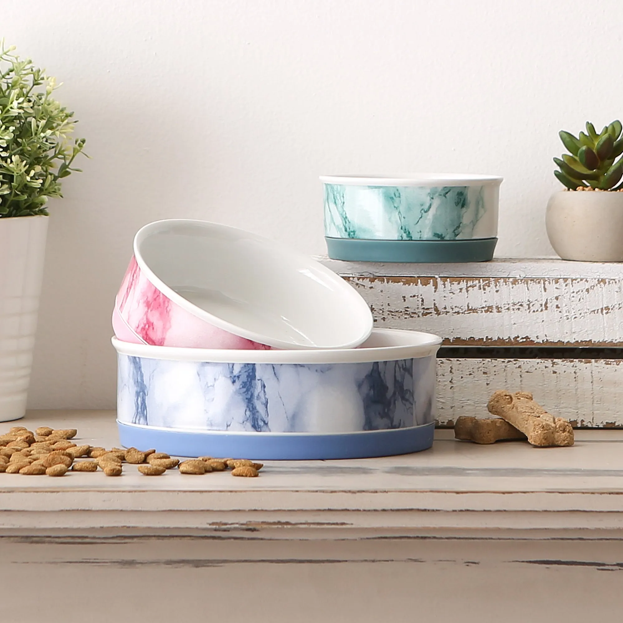 Pink Marble Pet Bowl Set/2, Large 3.75 C. Capacity