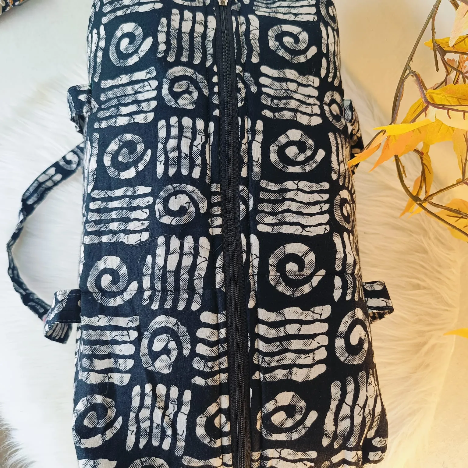 Rectangle Travel Bag Blue with White Floral Design.