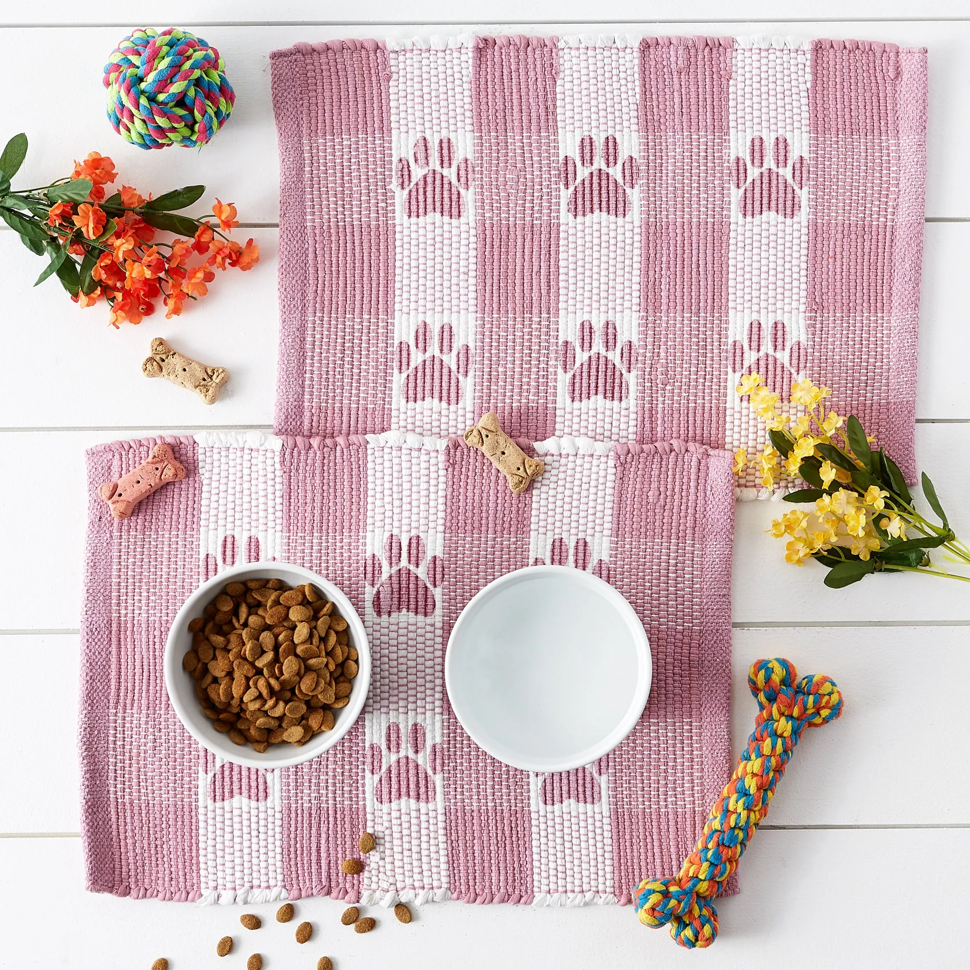 Rose & White Printed Paw Pet Feeding Mat 12X18 Set of 2