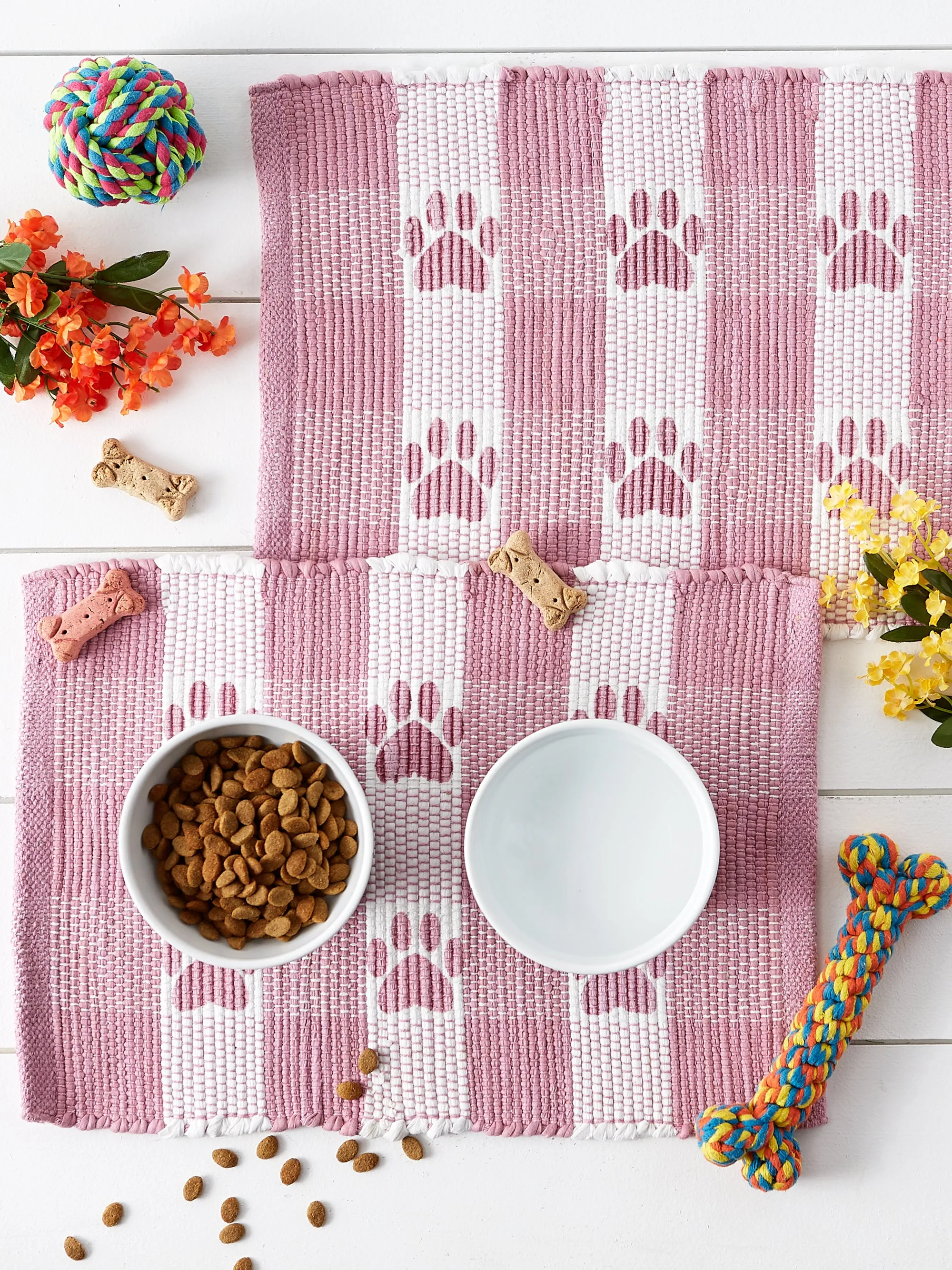 Rose & White Printed Paw Pet Feeding Mat 12X18 Set of 2