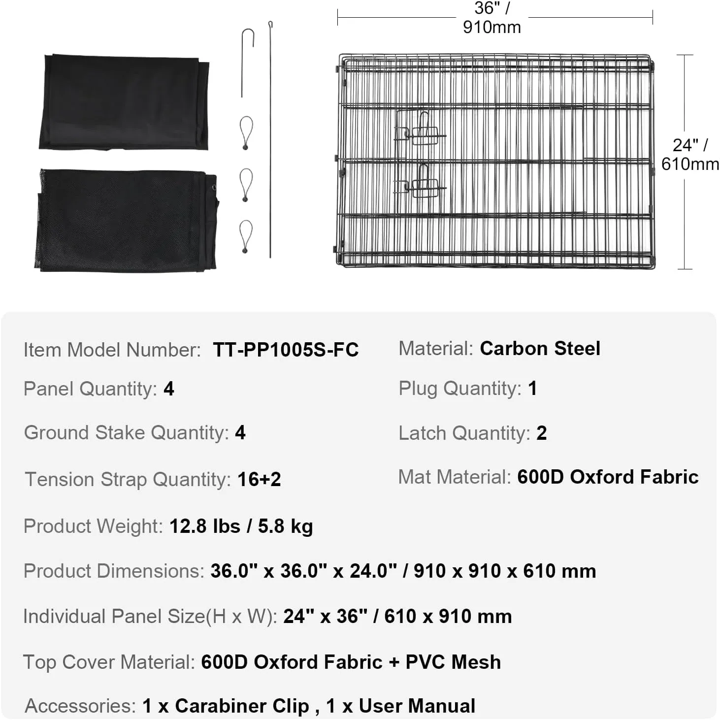 VEVOR Dog Playpen, 4 Pcs 24 x 36 in Panels Foldable Metal Pet Exercise Pen, Dog Fence Indoor and Outdoor Pen with Door, Top Cover, and Bottom Pad, Pet Playpen for Dogs, Cats and Other Small Animals