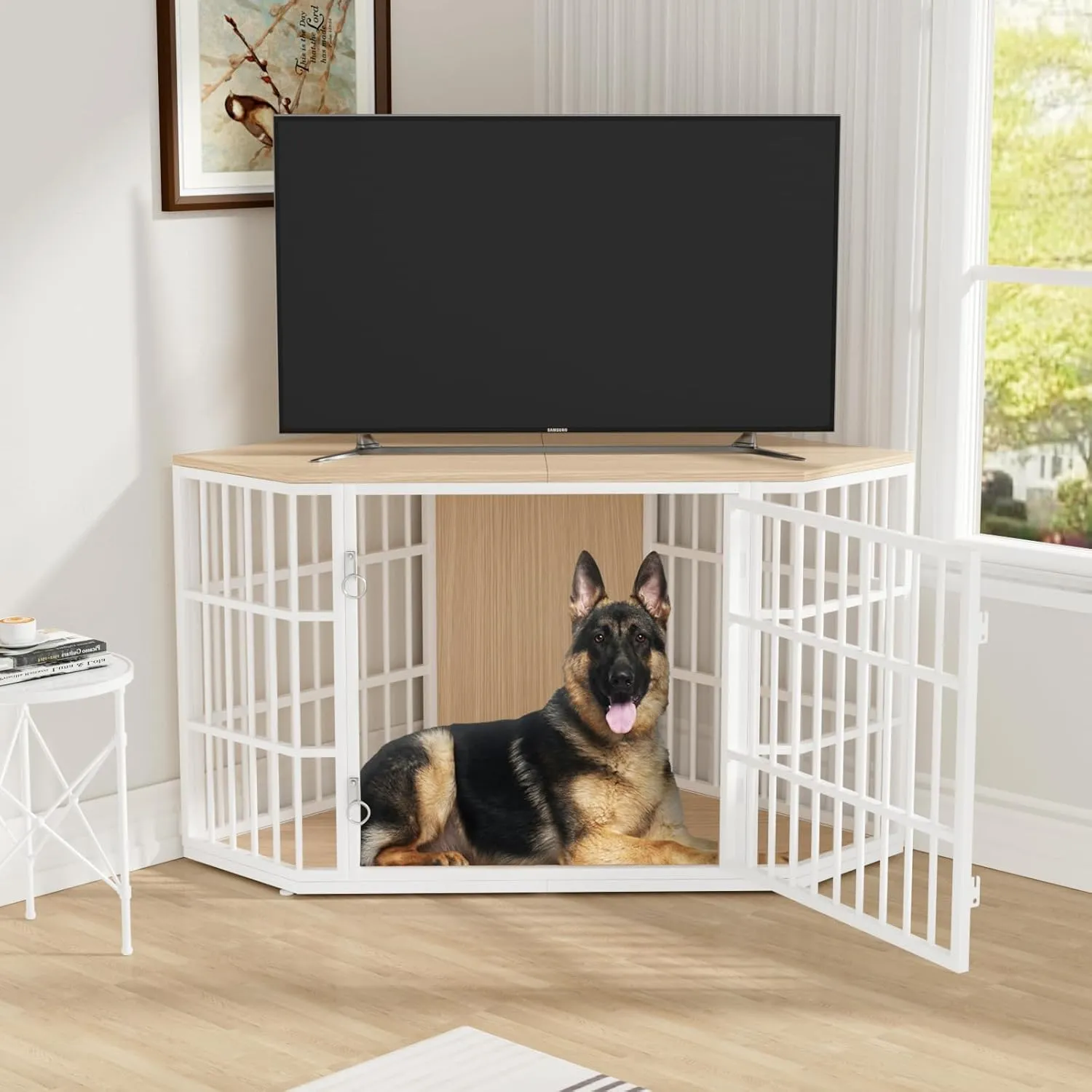 VOWNER 52 Inch Dog Crate Furniture Corner, Wooden Dog Kennel Furniture, End Table Dog Crate for Large Dogs, Indoor Pet Crates Corner Side Table for Dogs, Wide Top Perfect for Limited Room, Nature Wood