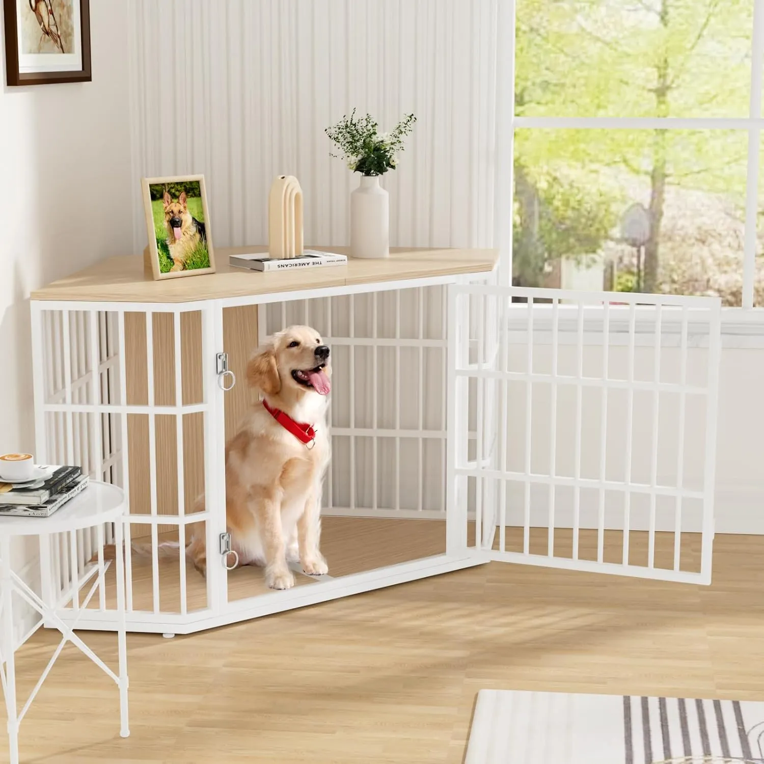VOWNER 52 Inch Dog Crate Furniture Corner, Wooden Dog Kennel Furniture, End Table Dog Crate for Large Dogs, Indoor Pet Crates Corner Side Table for Dogs, Wide Top Perfect for Limited Room, Nature Wood