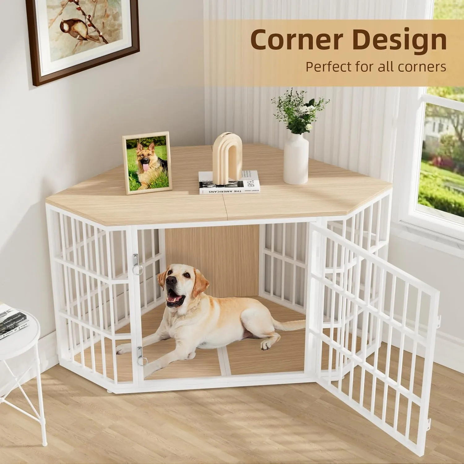VOWNER 52 Inch Dog Crate Furniture Corner, Wooden Dog Kennel Furniture, End Table Dog Crate for Large Dogs, Indoor Pet Crates Corner Side Table for Dogs, Wide Top Perfect for Limited Room, Nature Wood