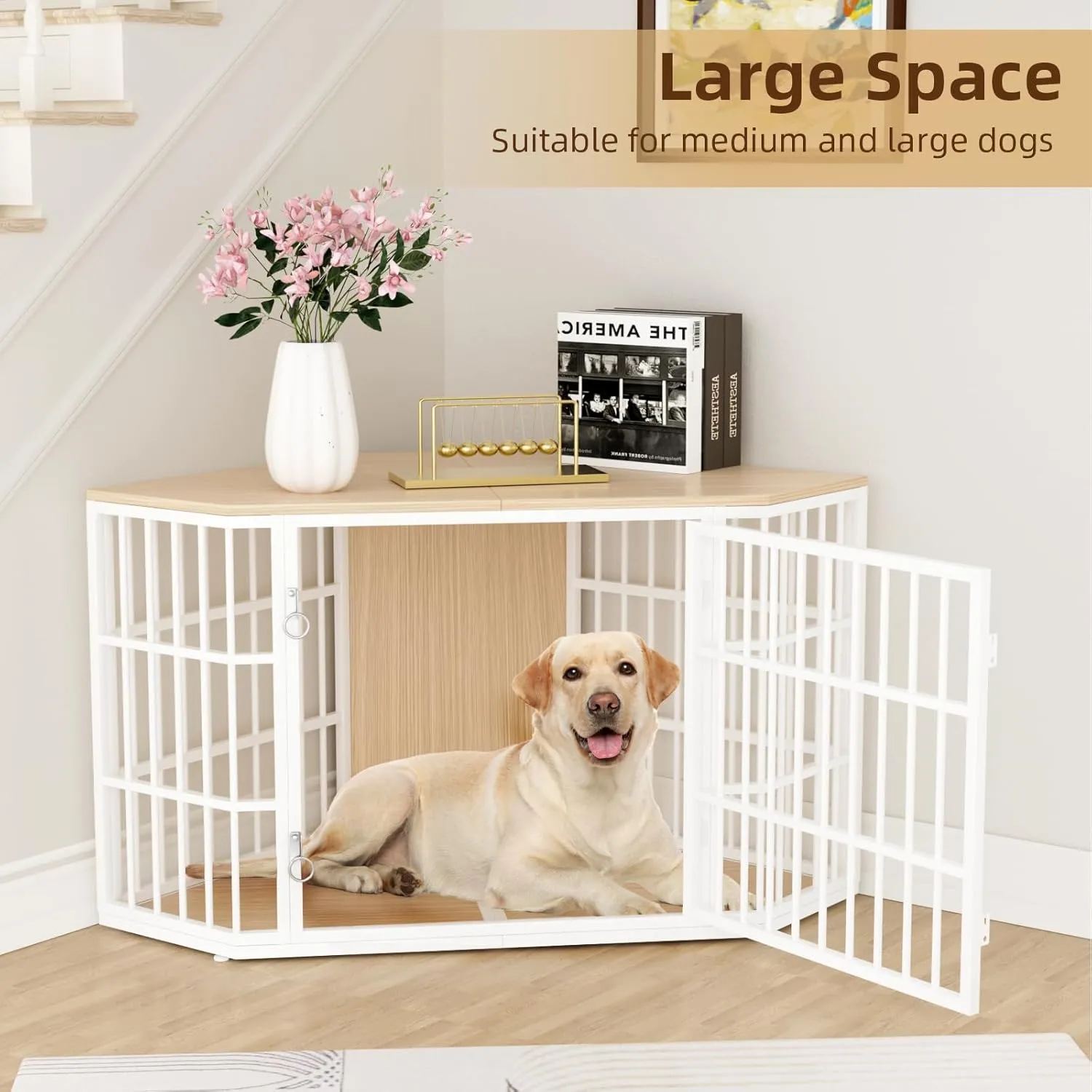 VOWNER 52 Inch Dog Crate Furniture Corner, Wooden Dog Kennel Furniture, End Table Dog Crate for Large Dogs, Indoor Pet Crates Corner Side Table for Dogs, Wide Top Perfect for Limited Room, Nature Wood